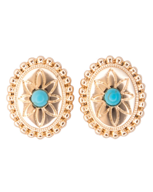 Women's .75" Oval Flower Concho Post Earring With Turquoise Accent - E1412G