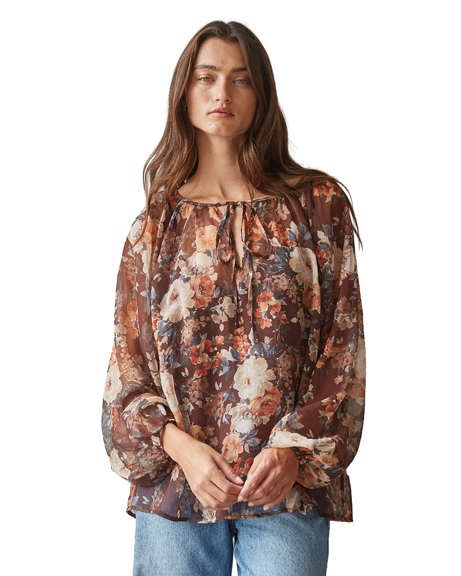 Women's Woven Floral Print Round Neck Long Sleeve - L10246-Brown