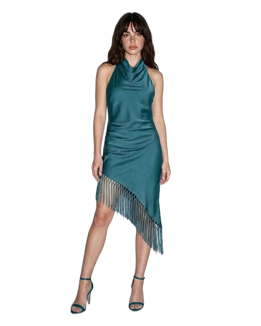 Women's Cowl Neck Satin Asymmetrical Fringe Halter Dress - 35291Srl-Emerald