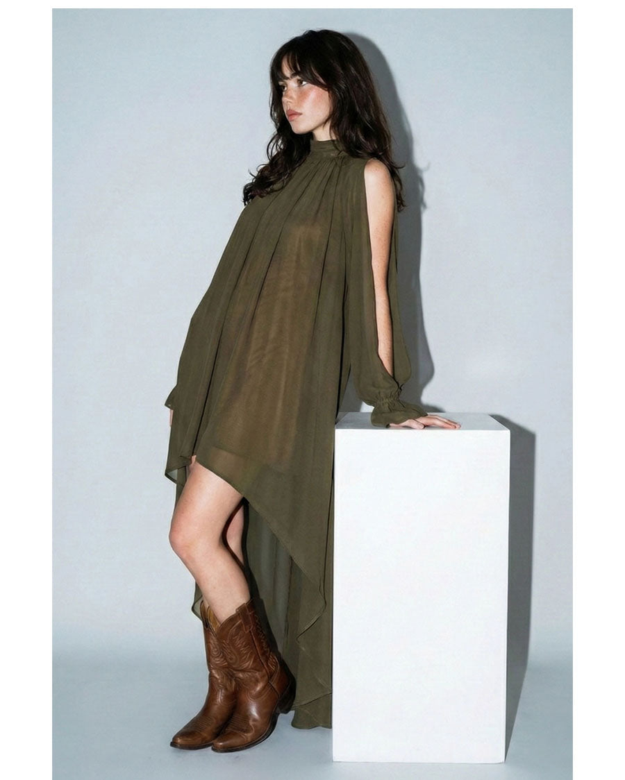 Women's High-Low Halter Mock Neck Maxi Dress - 34095Sr-Olive