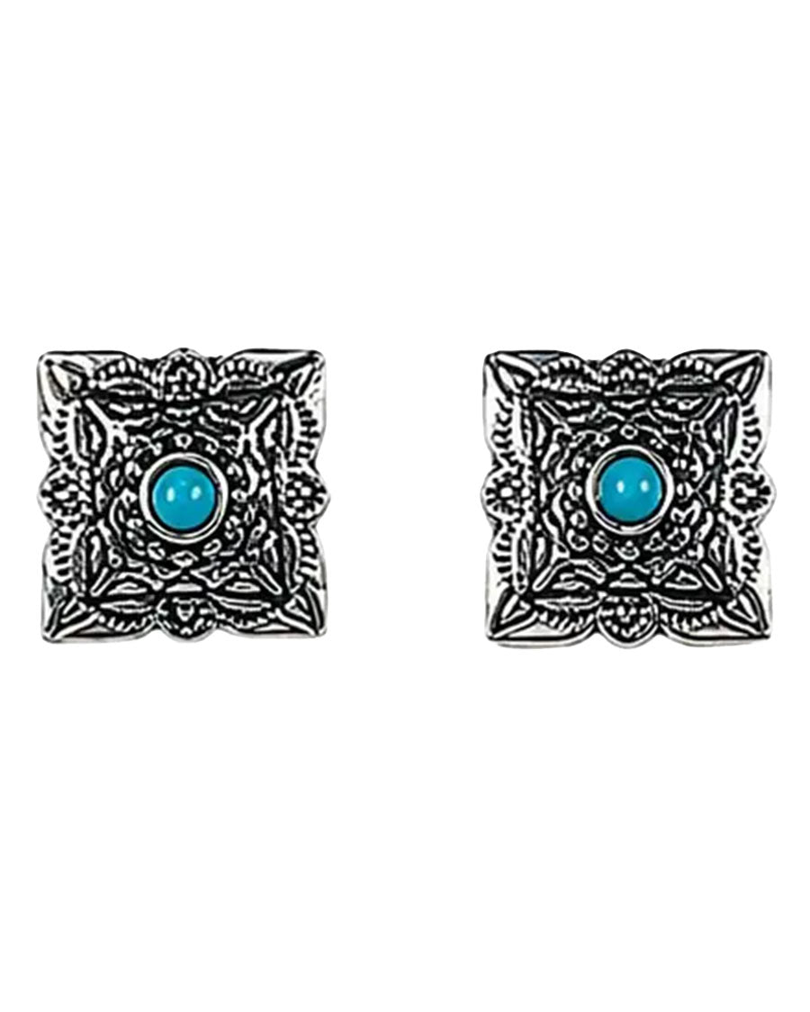 Women's Silver Square Concho Stud Earrings With Turquoise Accent - E1005
