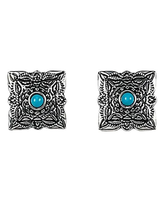 Women's Silver Square Concho Stud Earrings With Turquoise Accent - E1005