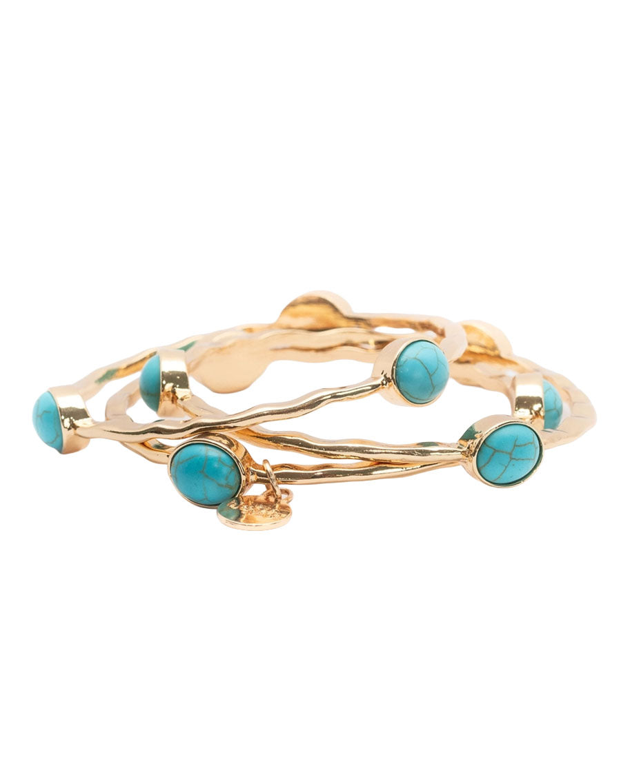 Women's Set Of 3 Gold Bangles With Turquoise Ovals - Br251