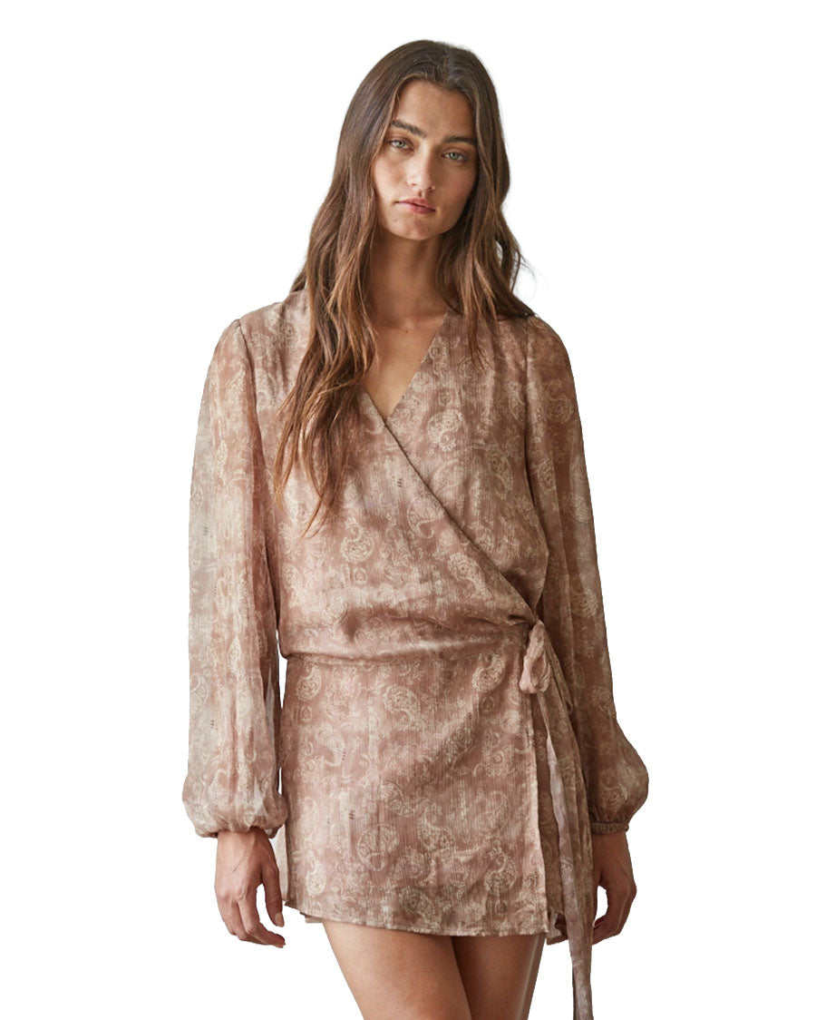 Women's Woven Paisley Print Wrap Mini Dress - L10218-Rose-Taupe