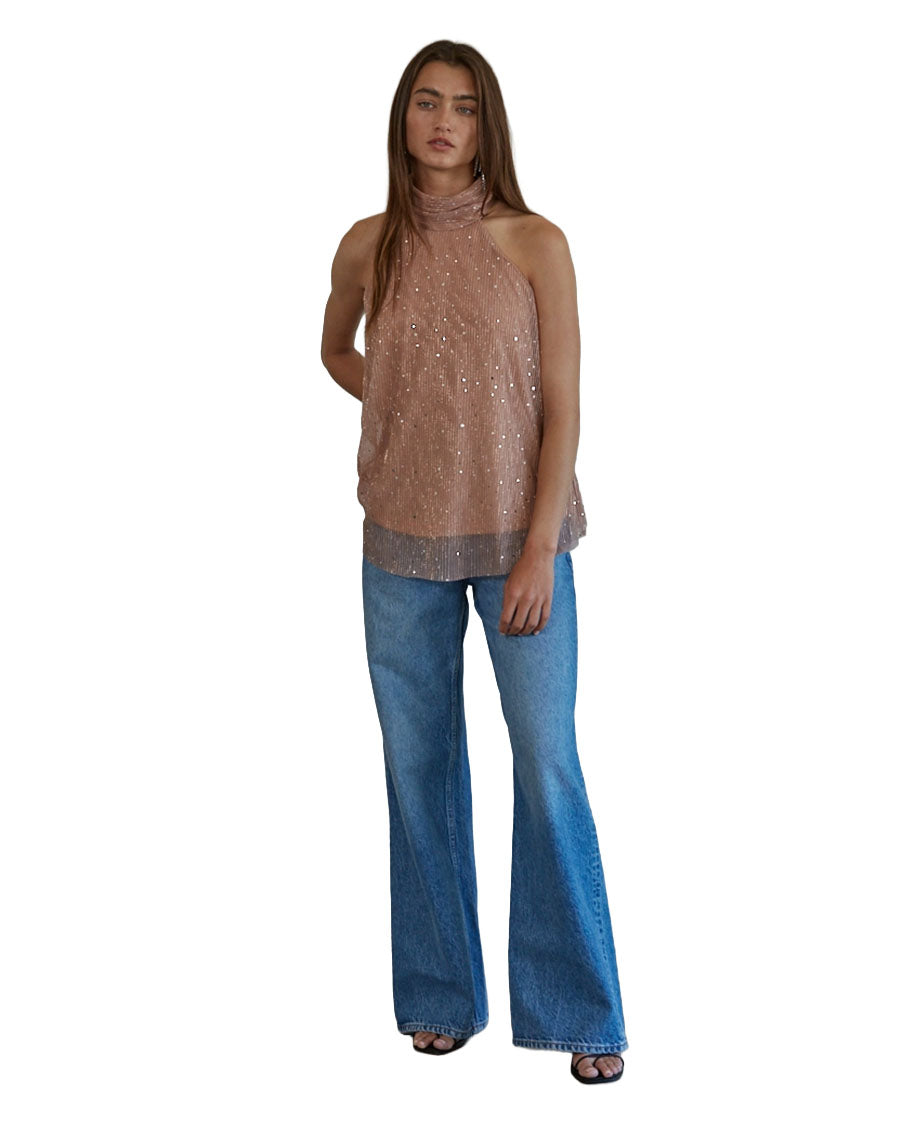 Women's Woven Lurex Halter Neck Sleeveless Top - L7727-Dusty-Rose