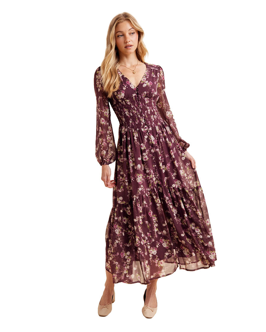 Women's Smocked Floral Maxi Dress - Ild7045-Plum Noir
