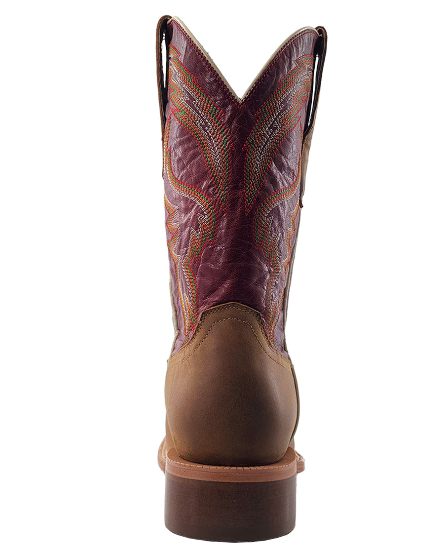 Men's RW Ranch Burgundy Cowhide & Sundial Brown Goat Wide Square Toe Western Boots - Wr0008-2