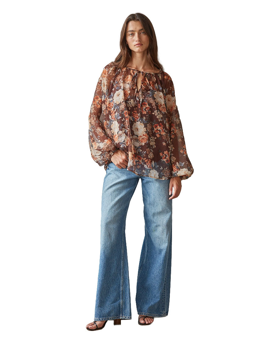 Women's Woven Floral Print Round Neck Long Sleeve - L10246-Brown