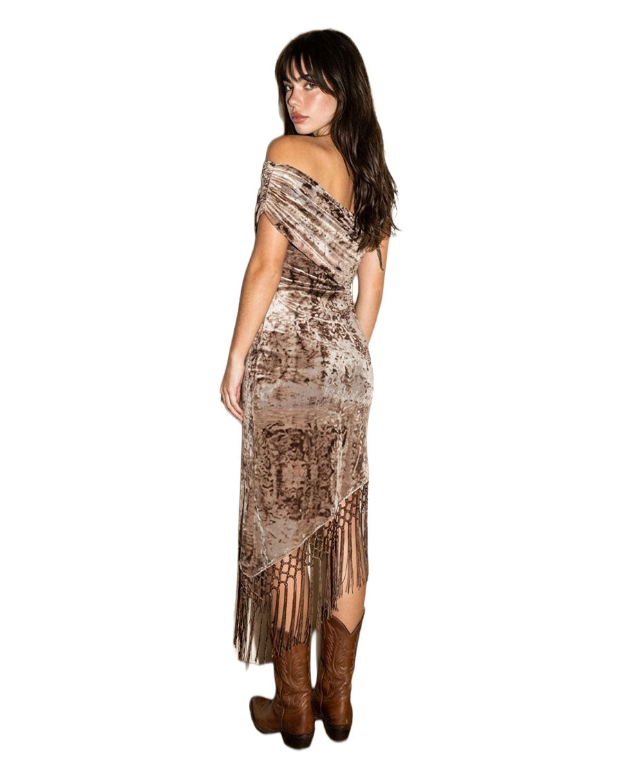 Women's Off Shoulder Aztec Inspired Mesh Print Dress With Fringe - 35112Srl-Brown-Combo