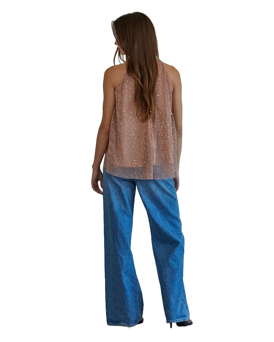 Women's Woven Lurex Halter Neck Sleeveless Top - L7727-Dusty-Rose