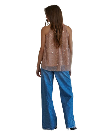 Women's Woven Lurex Halter Neck Sleeveless Top - L7727-Dusty-Rose