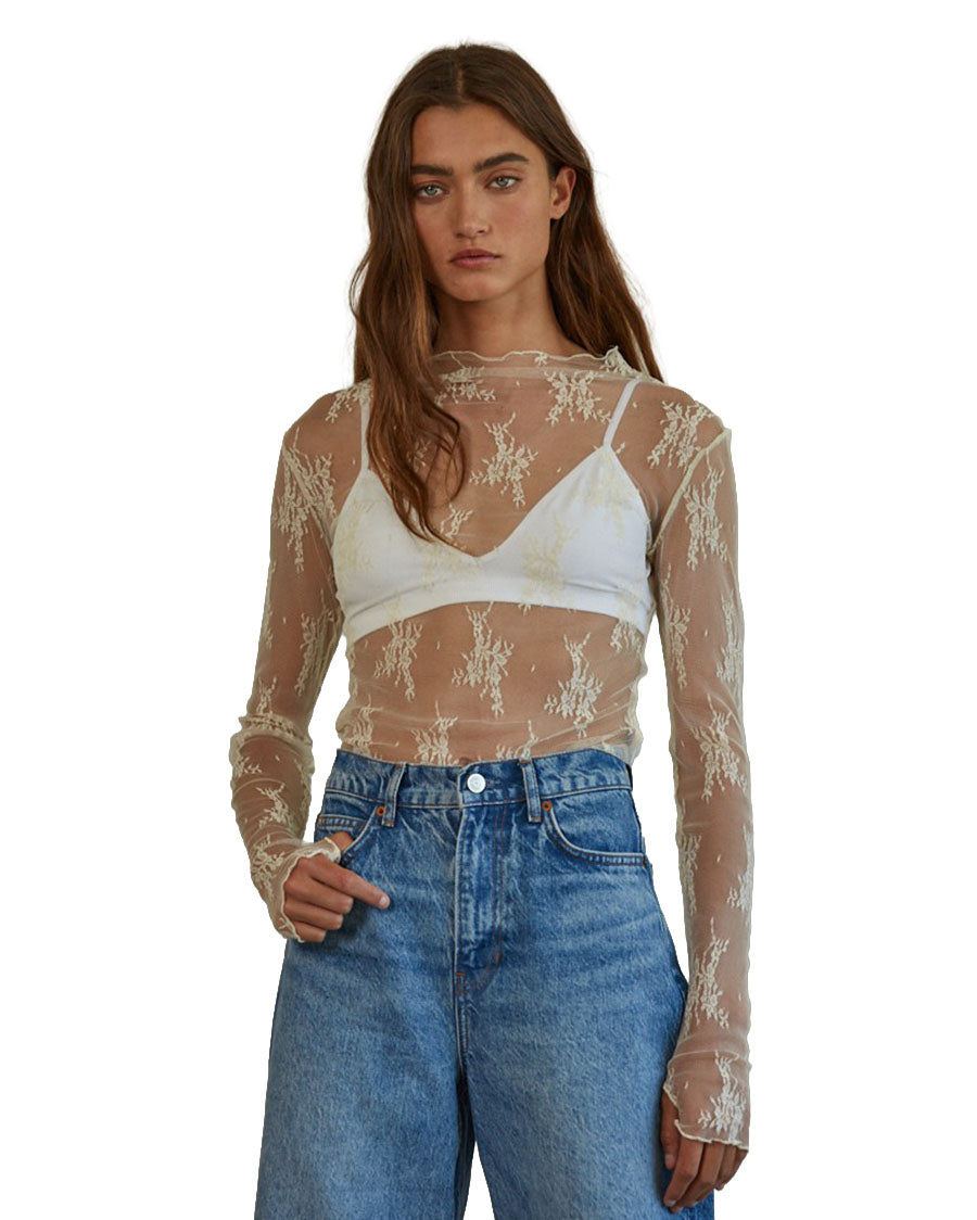 Women's Knit Jacquard Lace Long Sleeve Mock Neck Top - L6687-Ivory