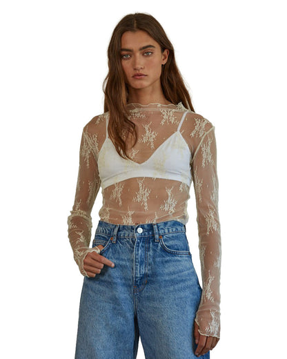 Women's Knit Jacquard Lace Long Sleeve Mock Neck Top - L6687-Ivory