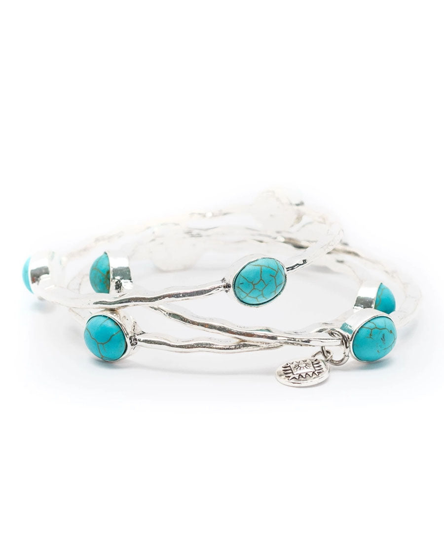 Women's Set Of 3 Silver Bangles With Turquoise Ovals - Br251Bs
