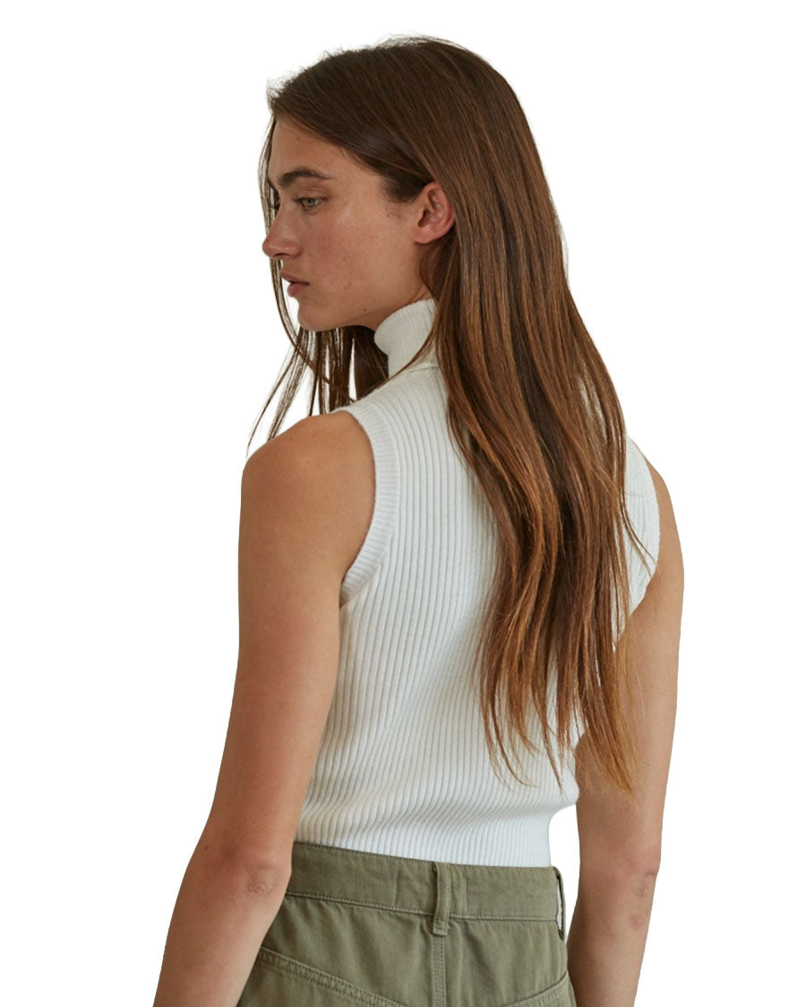 Women's Knit Turtleneck Sleeveless Pullover Top - W1574-Off-White