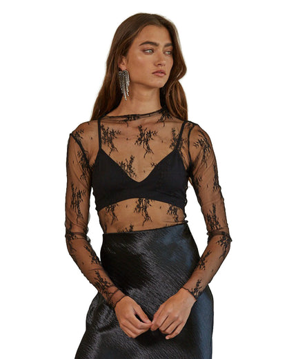 Women's Knit Jacquard Lace Long Sleeve Mock Neck Top - L6687-Black
