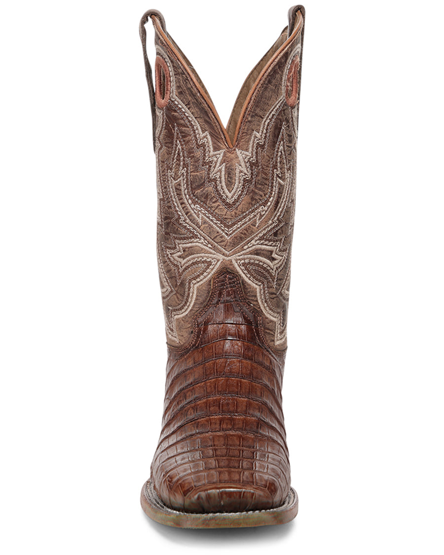 Men's Cognac Caiman Embroidery & Pull Holes Western Boots - L8102
