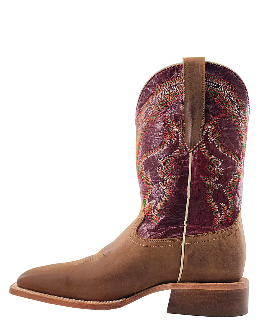 Men's RW Ranch Burgundy Cowhide & Sundial Brown Goat Wide Square Toe Western Boots - Wr0008-2