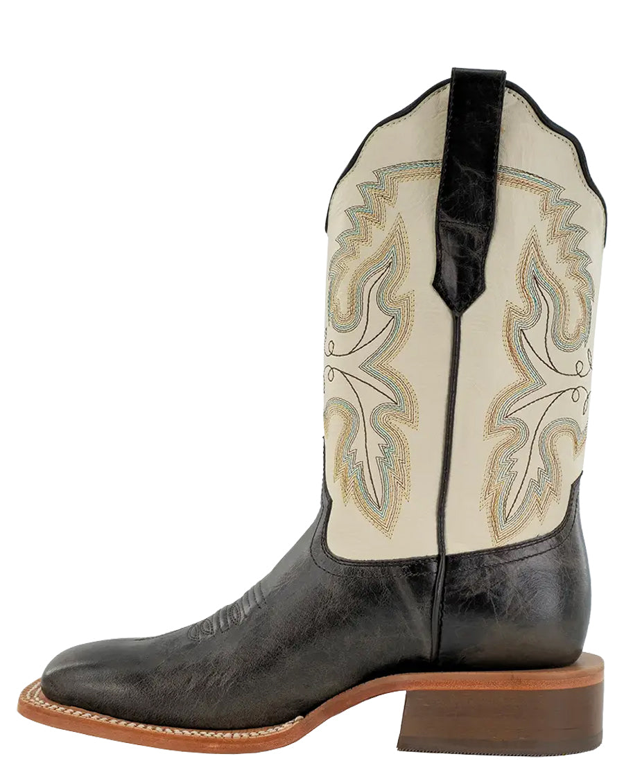 Women's RW Ranch Mocha Cowhide & Bone Cowhide Wide Square Toe Western Boots - Wrl0011-2