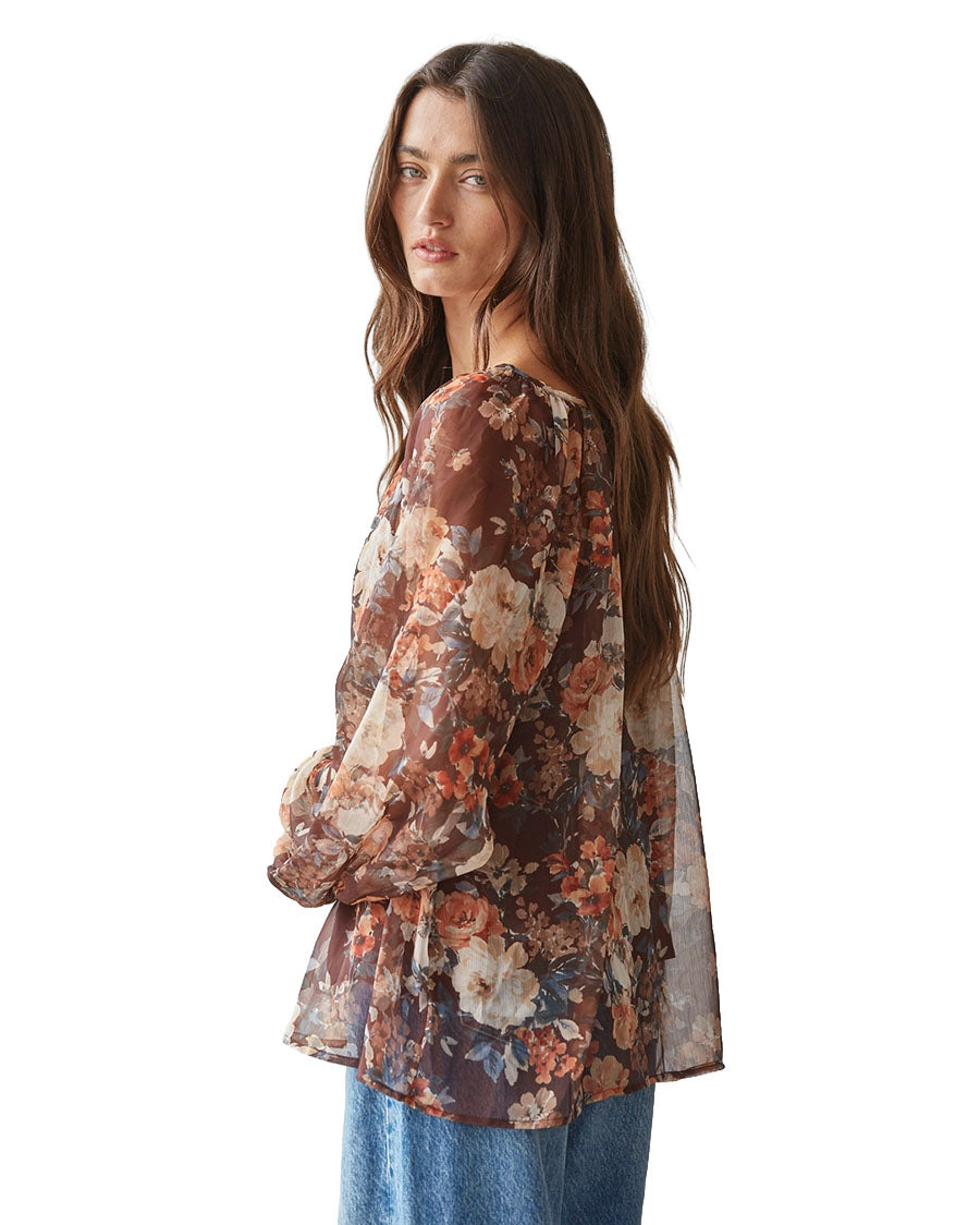 Women's Woven Floral Print Round Neck Long Sleeve - L10246-Brown