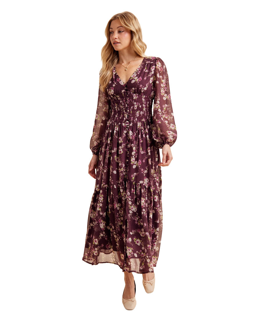 Women's Smocked Floral Maxi Dress - Ild7045-Plum Noir