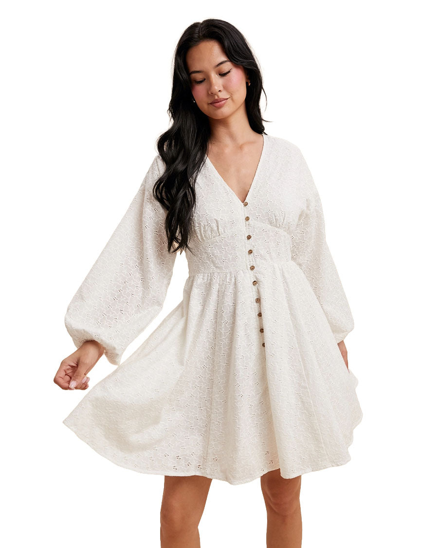 Women's Eyelet Button Down Mini Dress - Ild6685-Off White