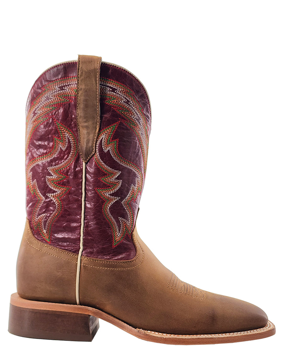 Men's RW Ranch Burgundy Cowhide & Sundial Brown Goat Wide Square Toe Western Boots - Wr0008-2