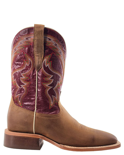 Men's RW Ranch Burgundy Cowhide & Sundial Brown Goat Wide Square Toe Western Boots - Wr0008-2