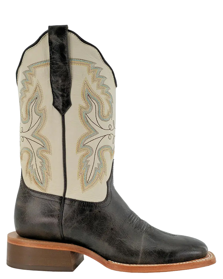 Women's RW Ranch Mocha Cowhide & Bone Cowhide Wide Square Toe Western Boots - Wrl0011-2