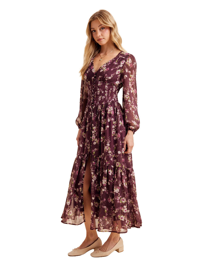 Women's Smocked Floral Maxi Dress - Ild7045-Plum Noir