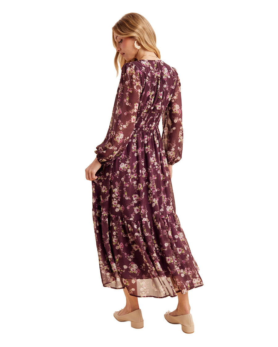 Women's Smocked Floral Maxi Dress - Ild7045-Plum Noir