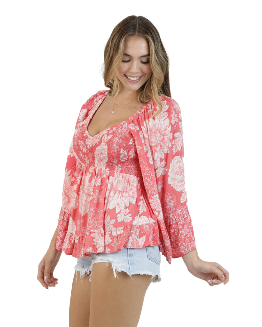 Women's Bohemian Long Sleeve Blouse - C2584-Wb08-Coral