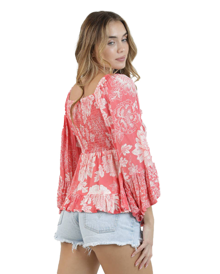 Women's Bohemian Long Sleeve Blouse - C2584-Wb08-Coral