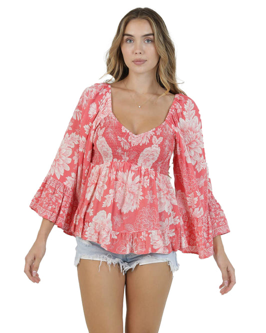 Women's Bohemian Long Sleeve Blouse - C2584-Wb08-Coral by Angie from Skip’s Western Outfitters | ANG-C2584-WB08-CORAL-S-CORAL