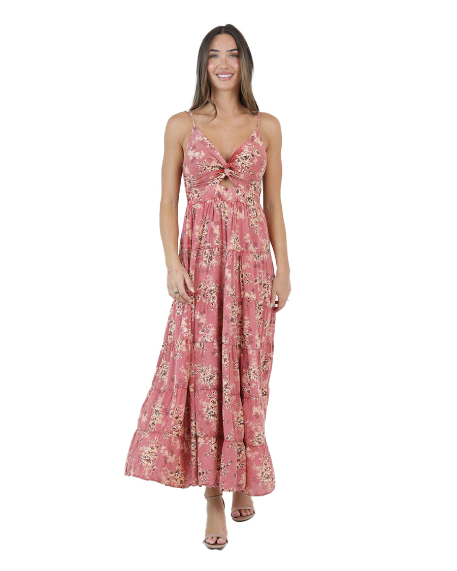 Women's Acid Wash Floral Print Twist Front Maxi Dress - C4B97-A598-Red