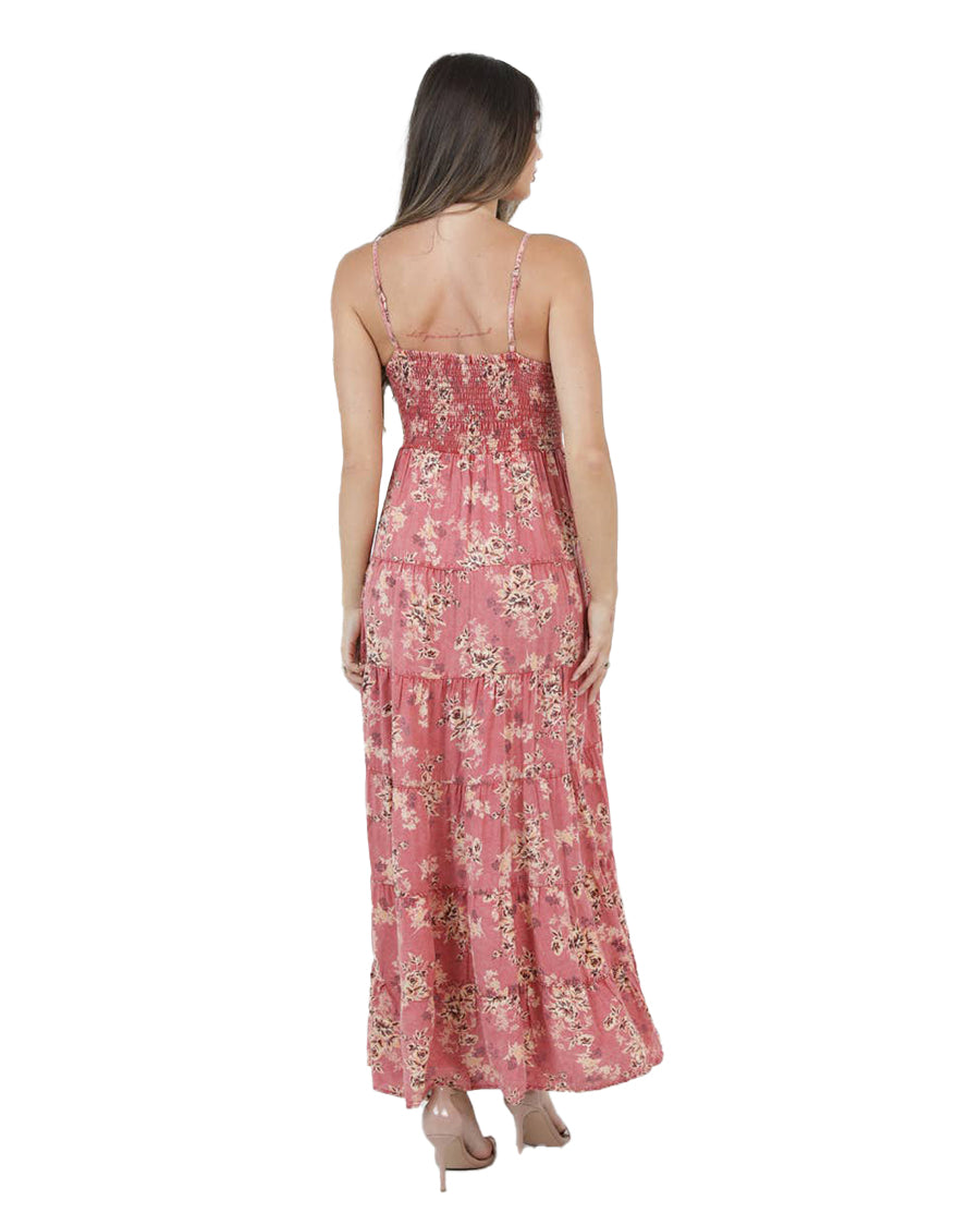Women's Acid Wash Floral Print Twist Front Maxi Dress - C4B97-A598-Red
