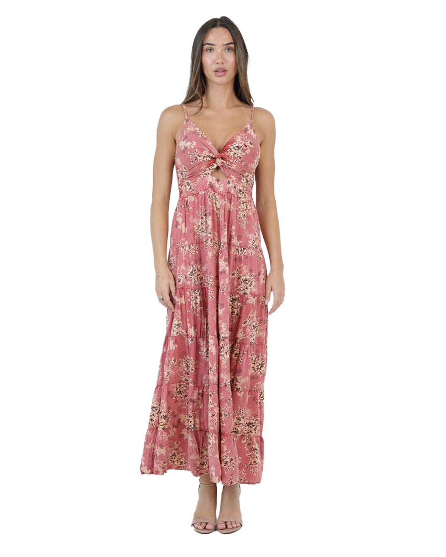 Women's Acid Wash Floral Print Twist Front Maxi Dress - C4B97-A598-Red