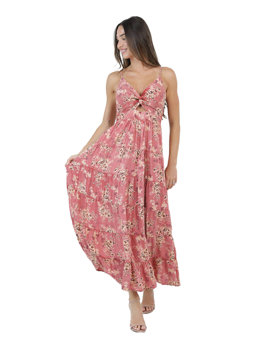Women's Acid Wash Floral Print Twist Front Maxi Dress - C4B97-A598-Red