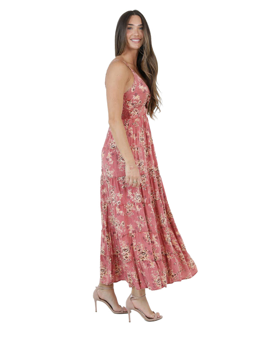 Women's Acid Wash Floral Print Twist Front Maxi Dress - C4B97-A598-Red
