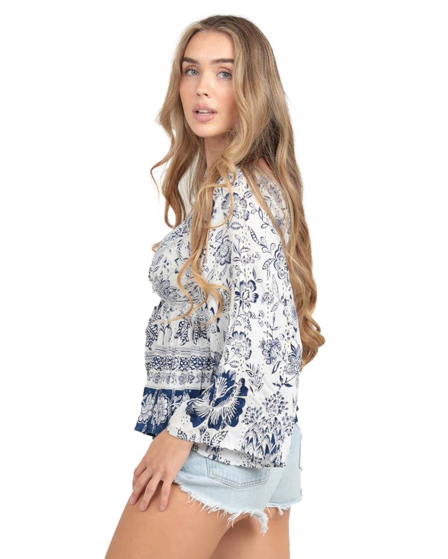 Women's V Neck Twist Front Eyelet Blouse - C2E20-Em08-Fq51-Navy
