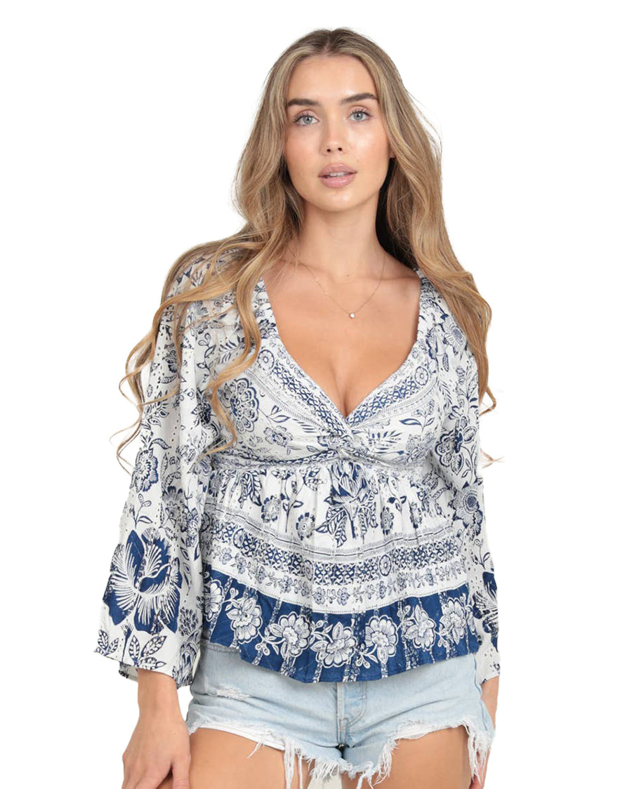 Women's V Neck Twist Front Eyelet Blouse - C2E20-Em08-Fq51-Navy