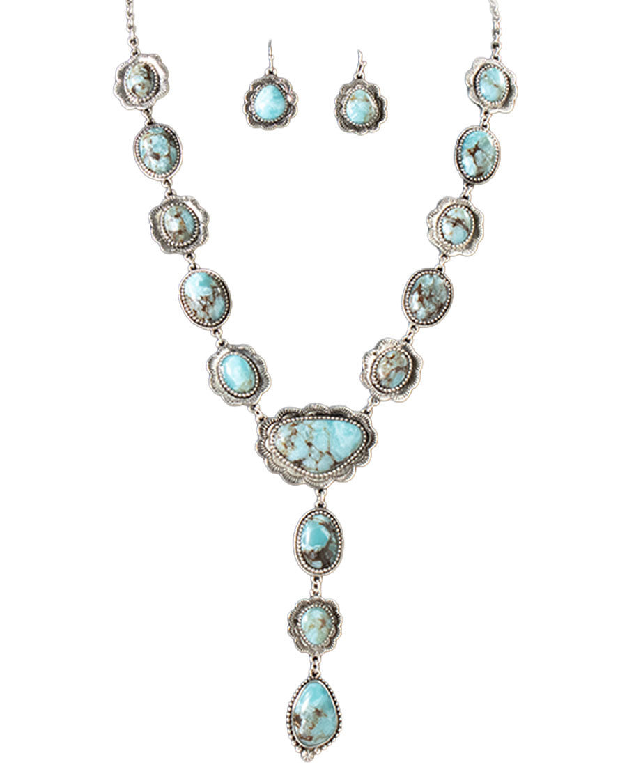 Women's Boho Matte Turquoise and Black Stone Necklace and Earrings Set - D450021971