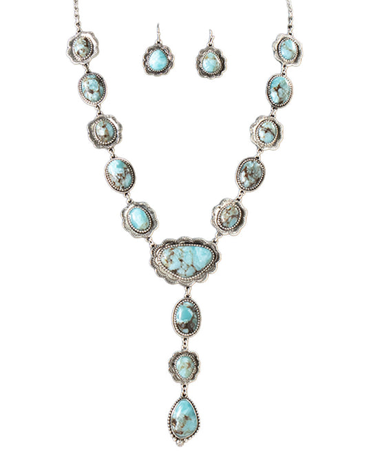 Women's Boho Matte Turquoise and Black Stone Necklace and Earrings Set - D450021971