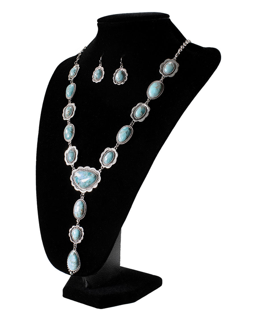 Women's Boho Matte Turquoise and Black Stone Necklace and Earrings Set - D450021971