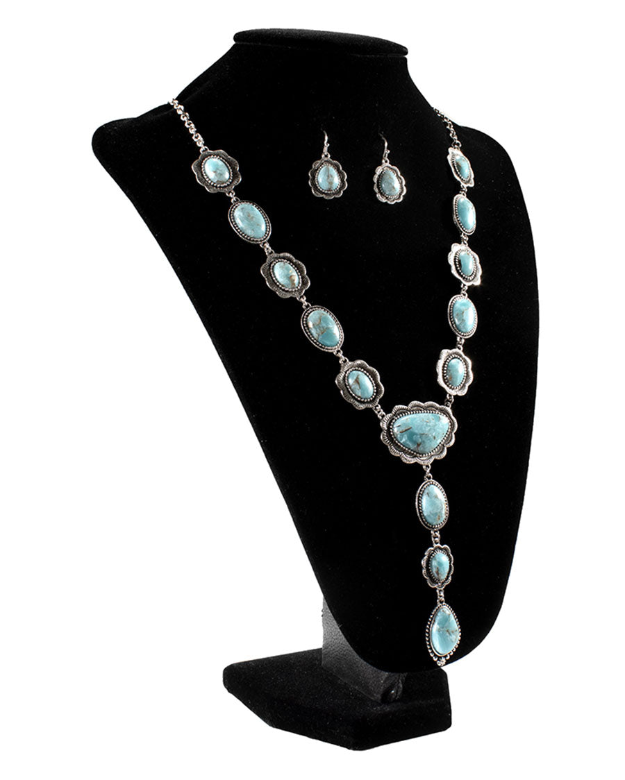Women's Boho Matte Turquoise and Black Stone Necklace and Earrings Set - D450021971