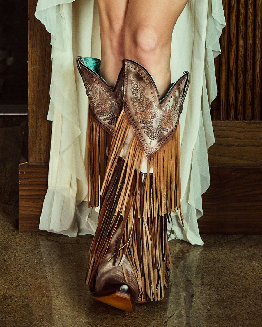 Women's Brown Overlay Embroidery Studs And Fringe Tall Top Snip Toe Western Boots - A5244