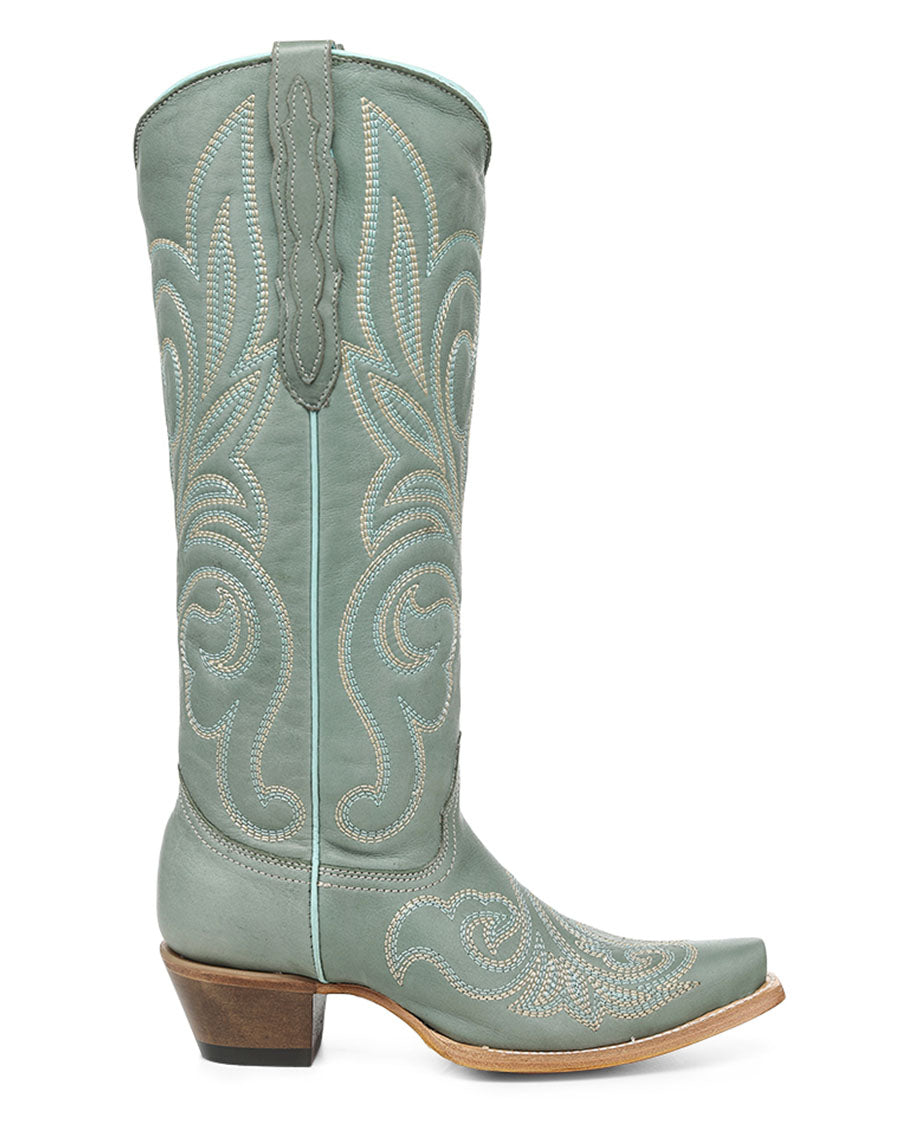 Women's Aqua Curved Embroidery Patterned Tall Top Snip Toe Western Boots - Z5594