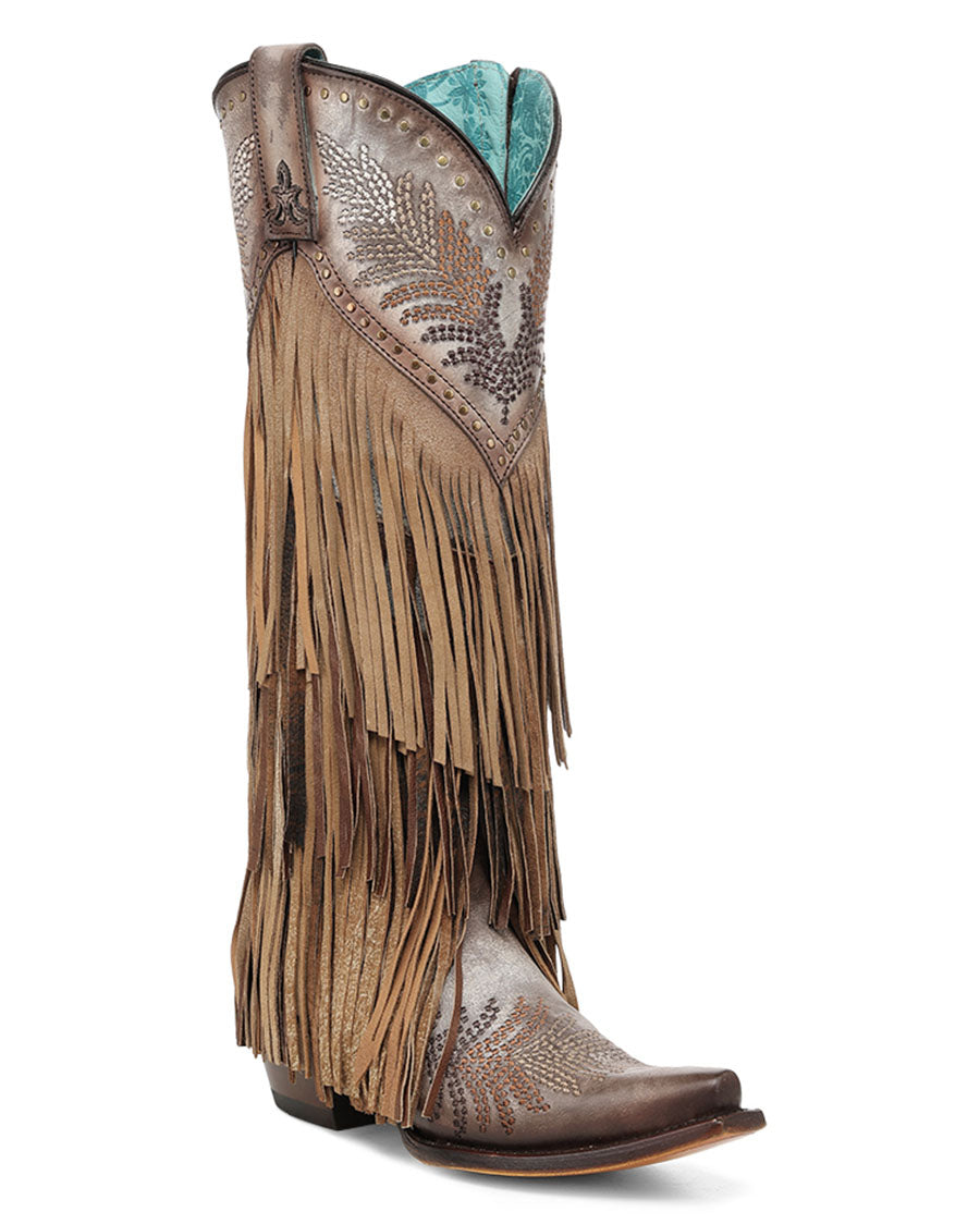 Women's Brown Overlay Embroidery Studs And Fringe Tall Top Snip Toe Western Boots - A5244