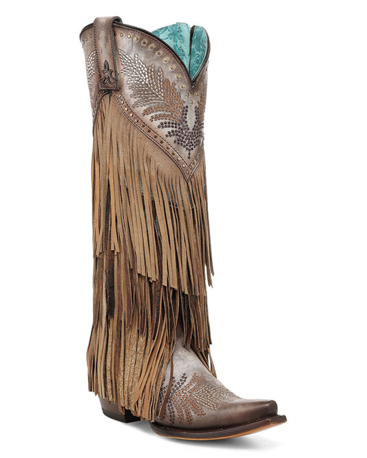 Women's Brown Overlay Embroidery Studs And Fringe Tall Top Snip Toe Western Boots - A5244