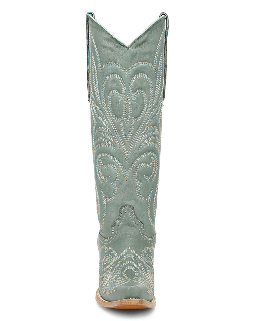 Women's Aqua Curved Embroidery Patterned Tall Top Snip Toe Western Boots - Z5594